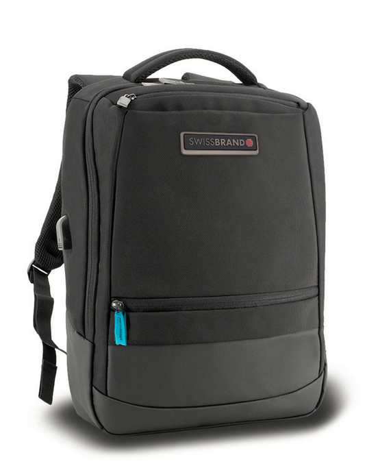 תיק גב עסקי פונקציונלי ללפטופ 15.6" הכולל שקע USB מבית SWISSBRAND דגם BRADFORD