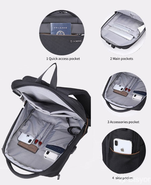 תיק גב במראה עסקי אלגנטי ללפטופ מבית המותג AOKING למחשב 15.6" יציאת USB מובנה